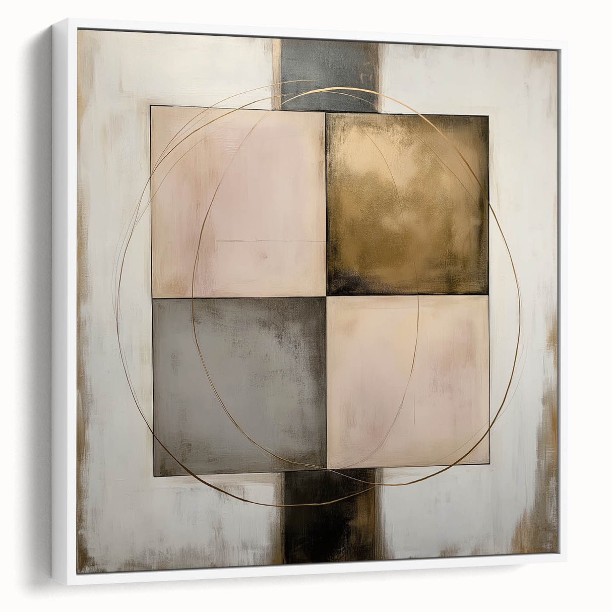 Abstract geometric framed canvas artwork showcasing a modern design in white, featuring sharp angles and soft curves, perfect for contemporary decor.