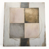 Abstract geometric wall art canvas featuring vibrant shapes and colors, leaning against a textured wall, ideal for modern home decor. Perfect for adding a contemporary touch to living spaces.