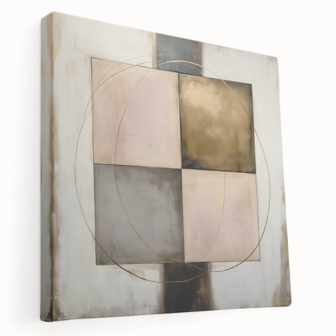 Abstract geometric stretched canvas artwork showcasing vibrant colors and intricate patterns, displayed in a side view to highlight its depth and texture. Perfect for modern home decor.