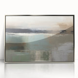 Framed abstract landscape wall art in silver acrylic, showcasing vibrant colors and fluid forms, perfect for modern home decor or office spaces.