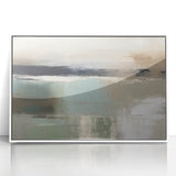 Framed abstract landscape wall art in acrylic, featuring soft hues of blue and green, adding a serene touch to modern interiors, ideal for home decor.