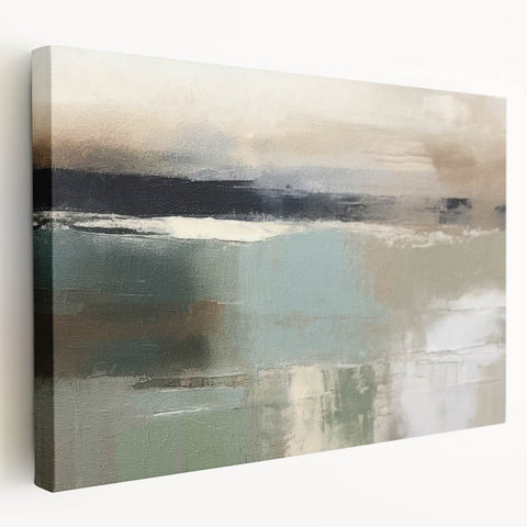 Stretched canvas wall art depicting an abstract landscape in vibrant colors, showcasing a modern design with flowing shapes and textures, perfect for contemporary decor.