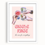 Abstract art print featuring swirling blue and white patterns, framed in white, ideal for dining room decor.