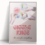 Mid-century modernist art depicting food and drinks in vibrant colors on a white acrylic framed print.