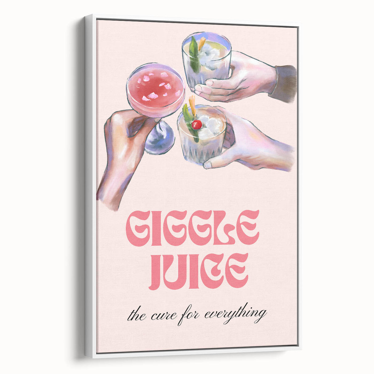 Vintage poster art of colorful food and drinks on a large framed canvas, suited for living room decor.