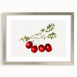 Textured art print depicting abstract fruits in vibrant red and orange hues, framed in silver, ideal for bedroom decor.