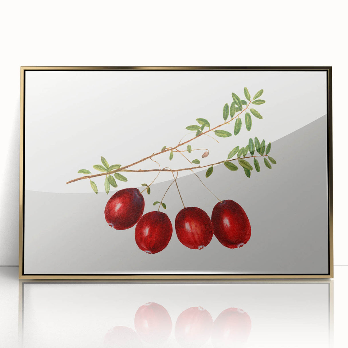 Large art print of assorted fruits in vibrant colors on a gold acrylic frame, styled in mid-century modernist design.