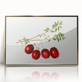 Large art print of assorted fruits in vibrant colors on a gold acrylic frame, styled in mid-century modernist design.