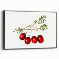 Black and white vintage poster art of assorted fruits on framed canvas, suitable for bedroom wall decor.
