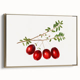 Framed canvas featuring a vintage poster of assorted fruits in muted gold and black tones, ideal for bedroom wall art.