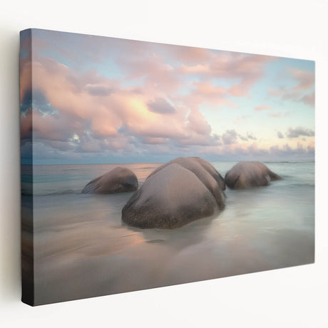 Stretched canvas artwork showcasing a serene beach landscape with vibrant colors, perfect for home decor. Side view highlights the canvas depth and texture.