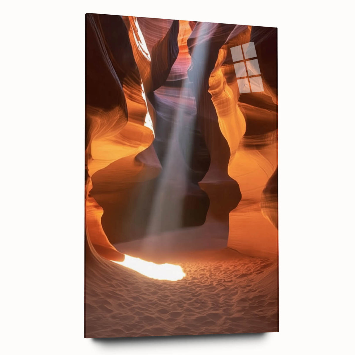 Acrylic glass artwork showcasing a stunning landscape of canyons, displayed from a side view without pins, highlighting vibrant colors and natural beauty. Perfect for modern decor.