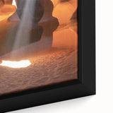 Close-up of a framed canvas depicting a stunning landscape of canyons, showcasing vibrant colors and intricate details that highlight the natural beauty of the terrain. Ideal for home decor enthusiasts seeking to enhance their living space with captivating artwork.