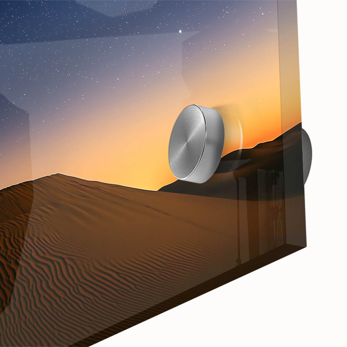 Close-up view of a vibrant desert landscape depicted in acrylic glass, showcasing warm hues of orange and yellow with intricate texture details, ideal for modern décor.