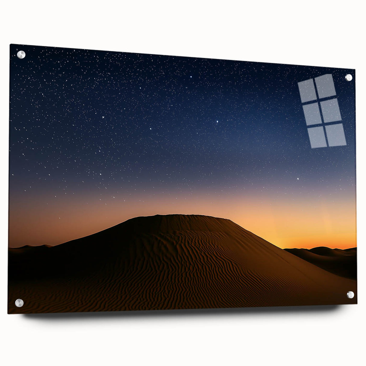 Acrylic glass landscape artwork depicting a serene desert scene with vibrant colors, viewed from the side and secured with decorative pins for display.