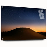 Acrylic glass landscape artwork depicting a serene desert scene with vibrant colors, viewed from the side and secured with decorative pins for display.