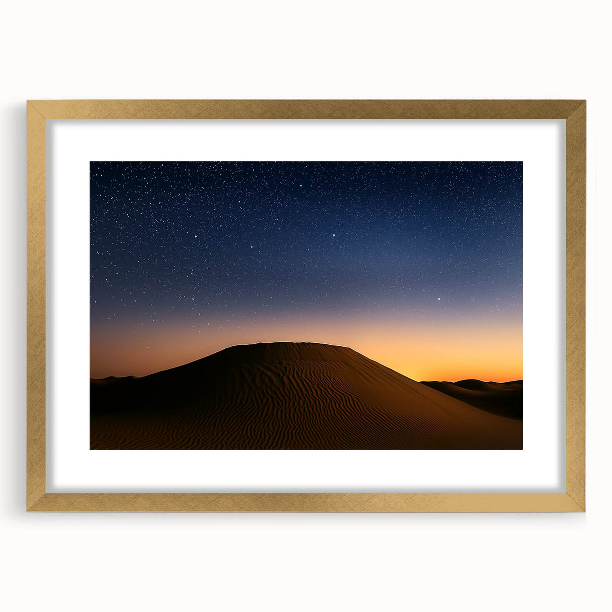 Desert landscape artwork framed in a stylish gold mat, showcasing vibrant hues of orange and brown, ideal for modern home decor. Perfect for art enthusiasts.
