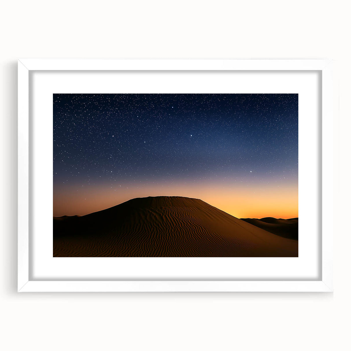 Desert landscape artwork framed with a white mat, showcasing vibrant colors and intricate details in a modern design, perfect for home decor enhancement.