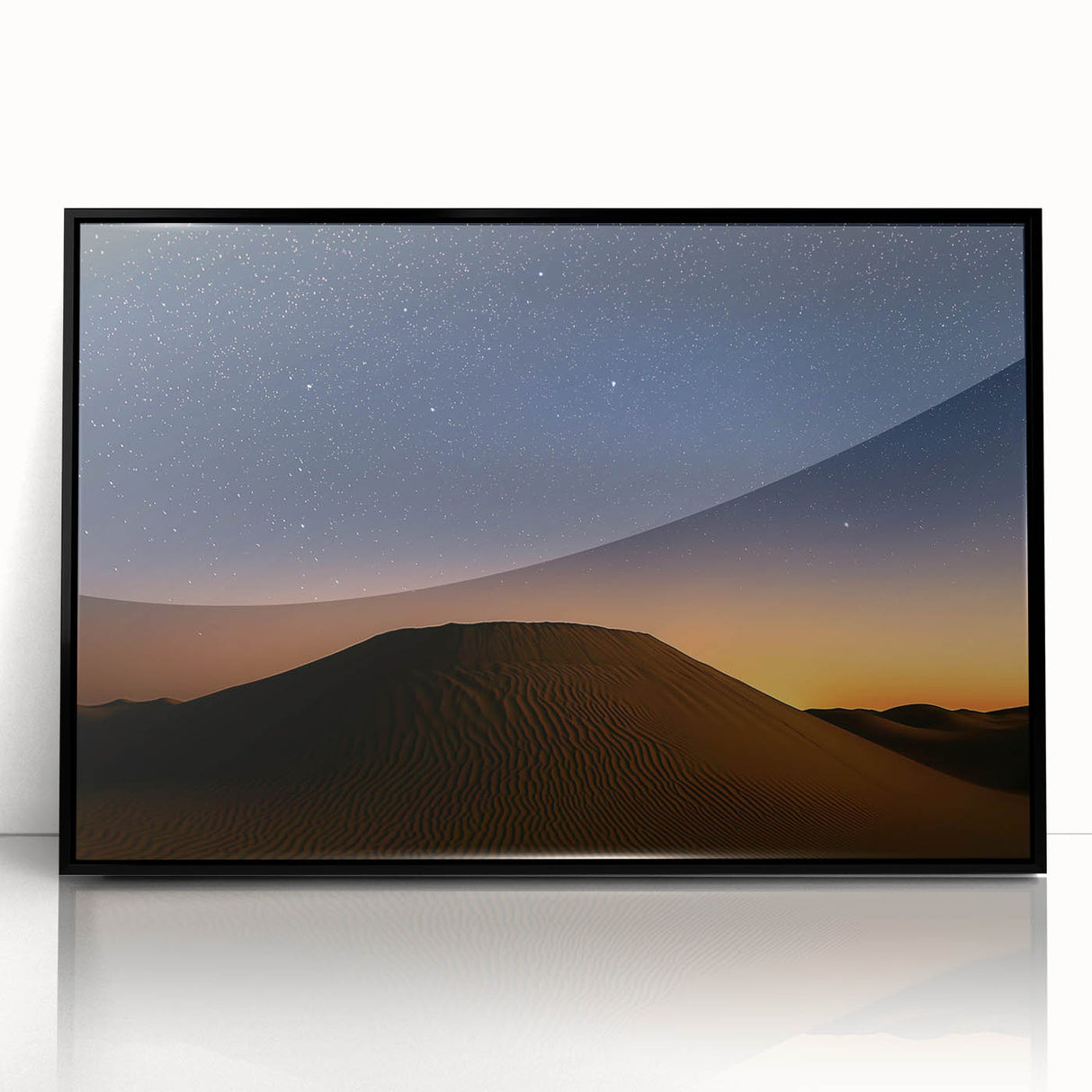 Framed acrylic artwork showcasing a striking desert landscape with vibrant colors, set in a sleek black frame, ideal for modern decor. Perfect for adding a touch of nature to any room.