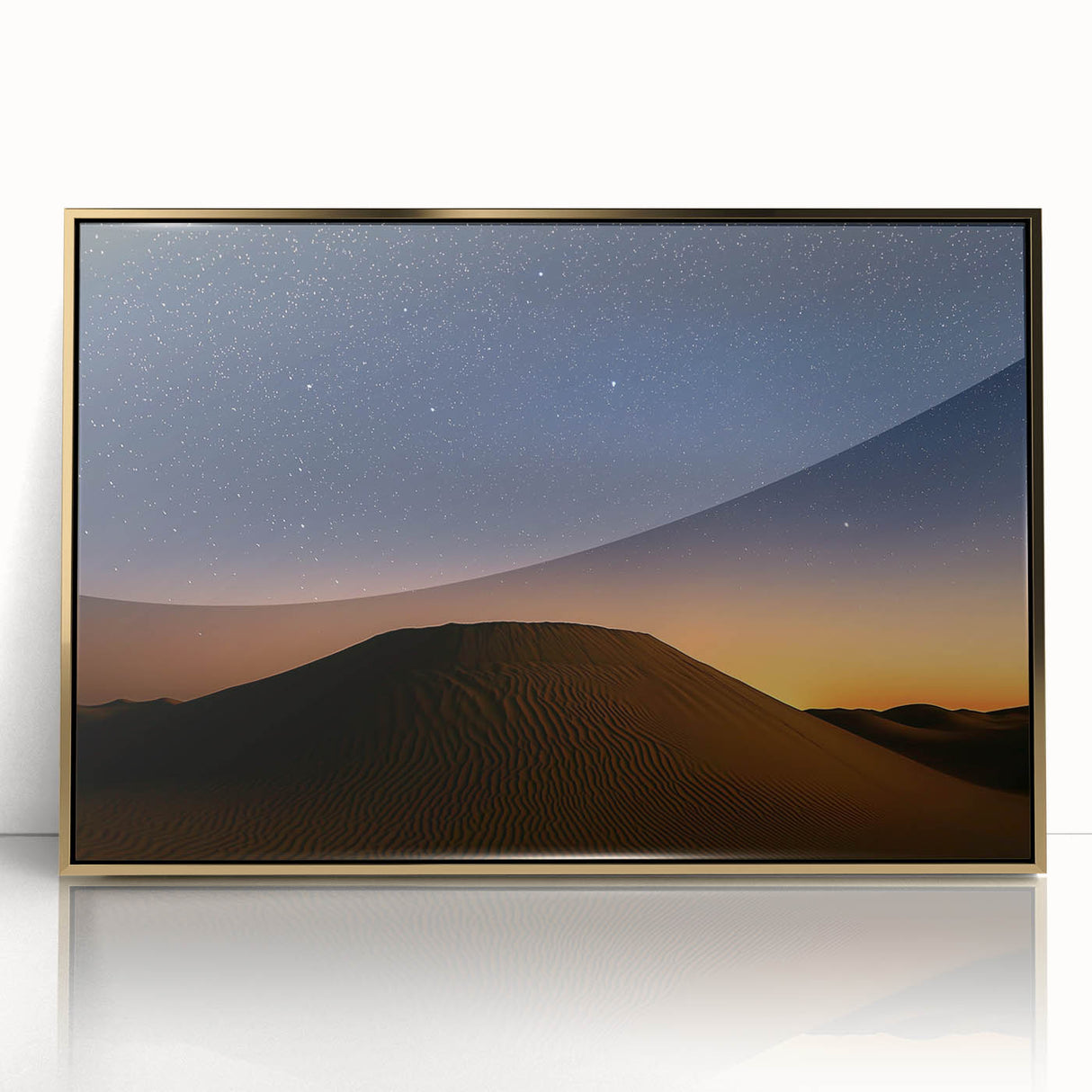 Framed acrylic artwork showcasing a stunning desert landscape with golden hues, ideal for home decor. Perfect for adding a touch of elegance to any room.