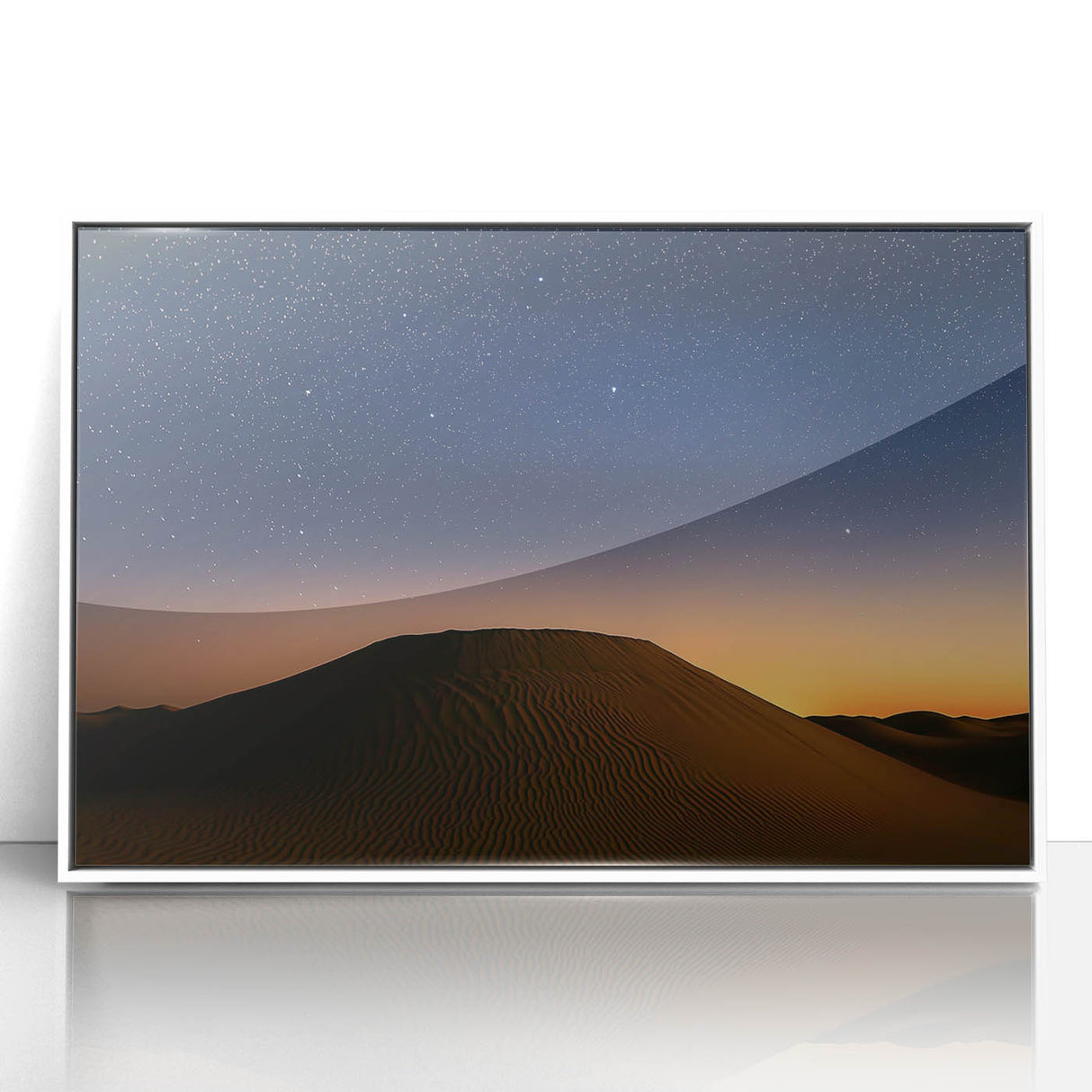 Framed acrylic artwork depicting a vibrant desert landscape with warm tones of orange and yellow, set against a crisp white background, ideal for home decor.