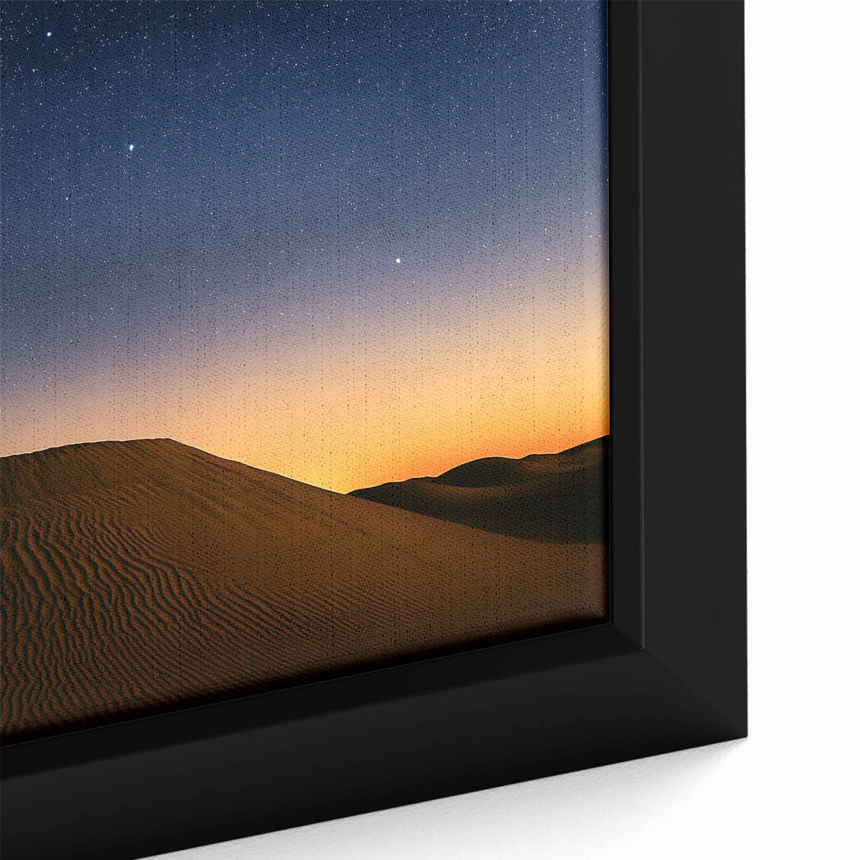 Close-up of a desert landscape framed canvas artwork showcasing warm tones of orange and yellow, emphasizing the intricate details of the arid terrain and textures. This vibrant piece adds a touch of nature-inspired decor to any room, perfect for art enthusiasts.
