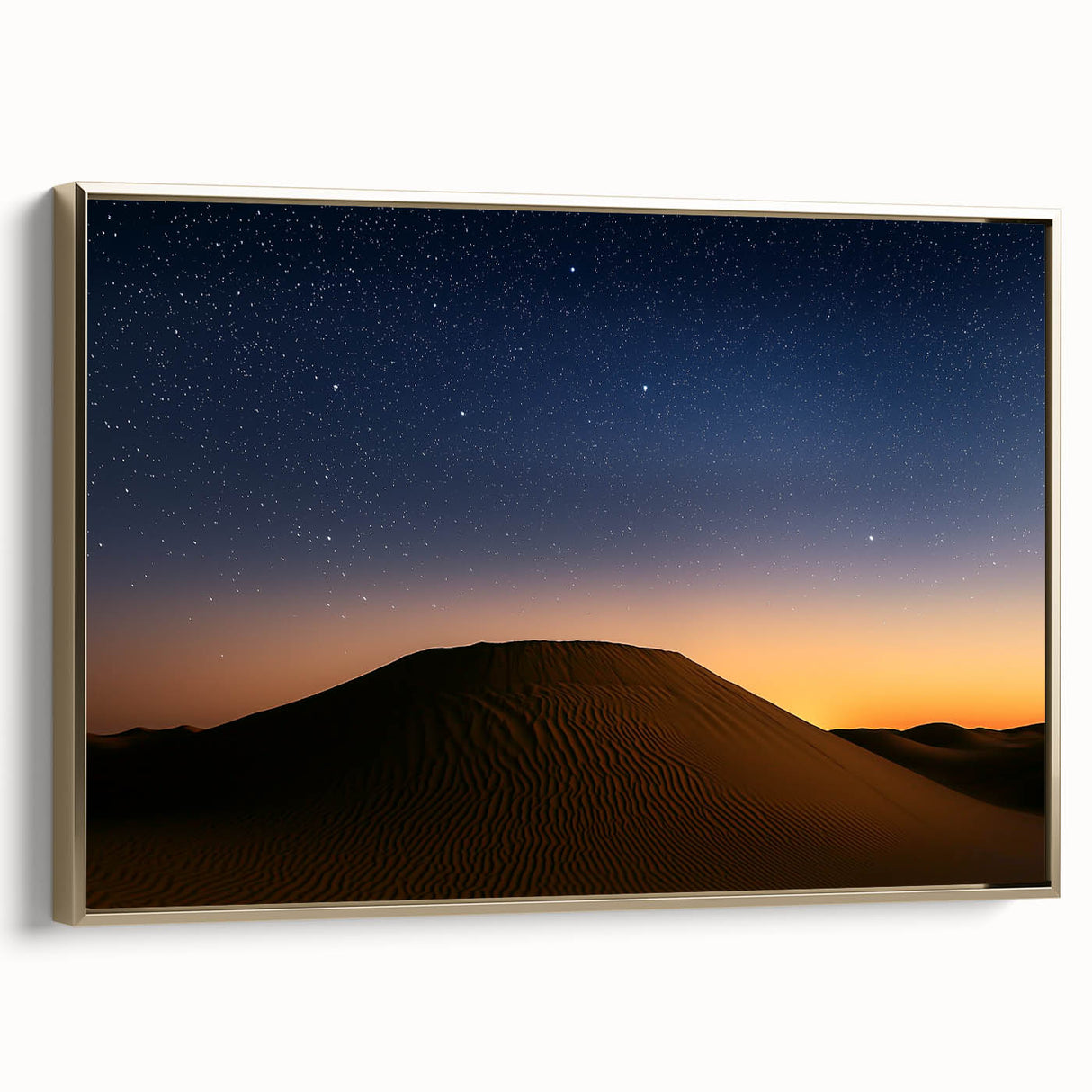 Framed canvas artwork showcasing a desert landscape with a golden frame, highlighting vibrant hues of orange and yellow, ideal for modern home decor.