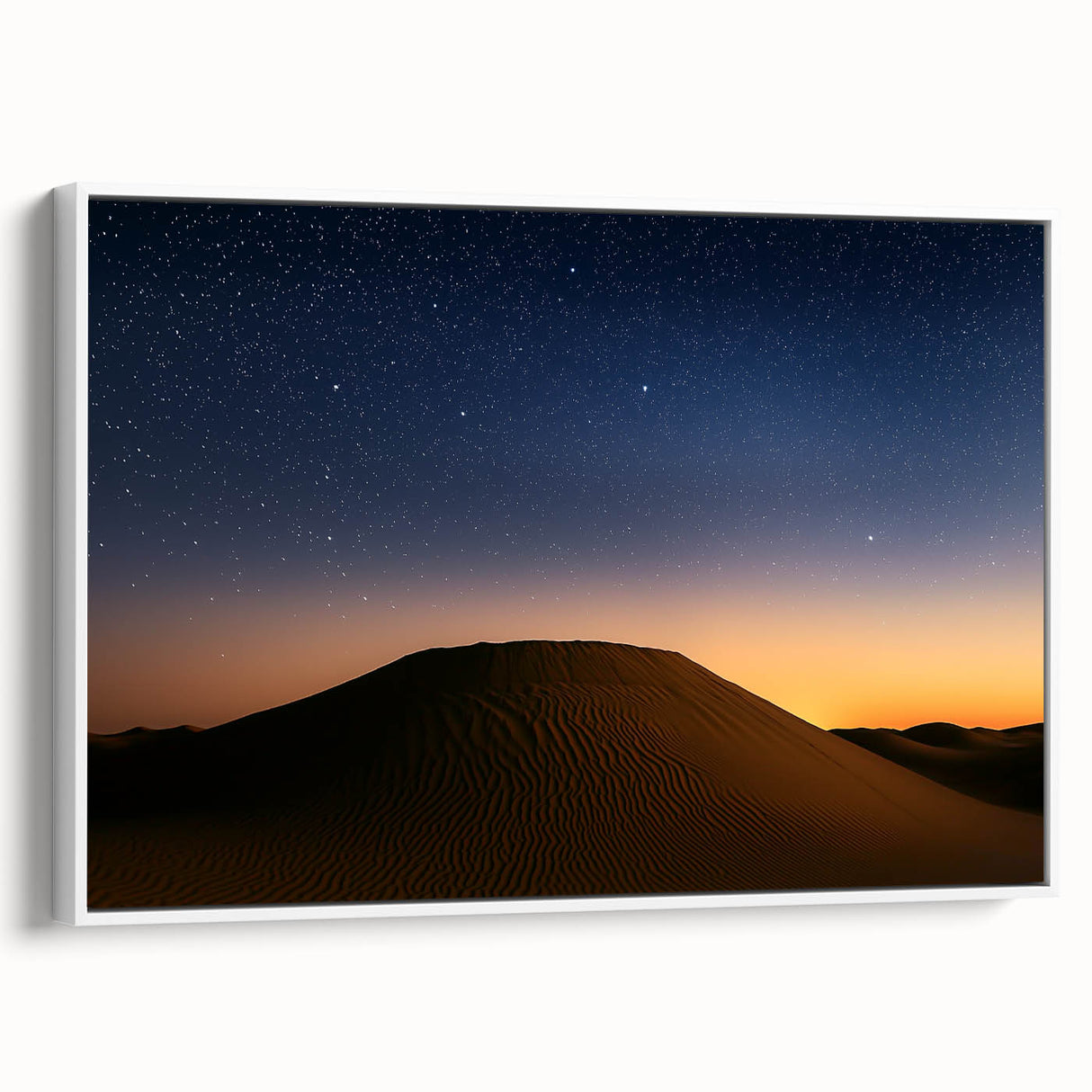 Desert landscape framed canvas showcasing warm tones of orange and yellow, featuring bold, abstract elements and a sleek white frame, ideal for modern home decor.