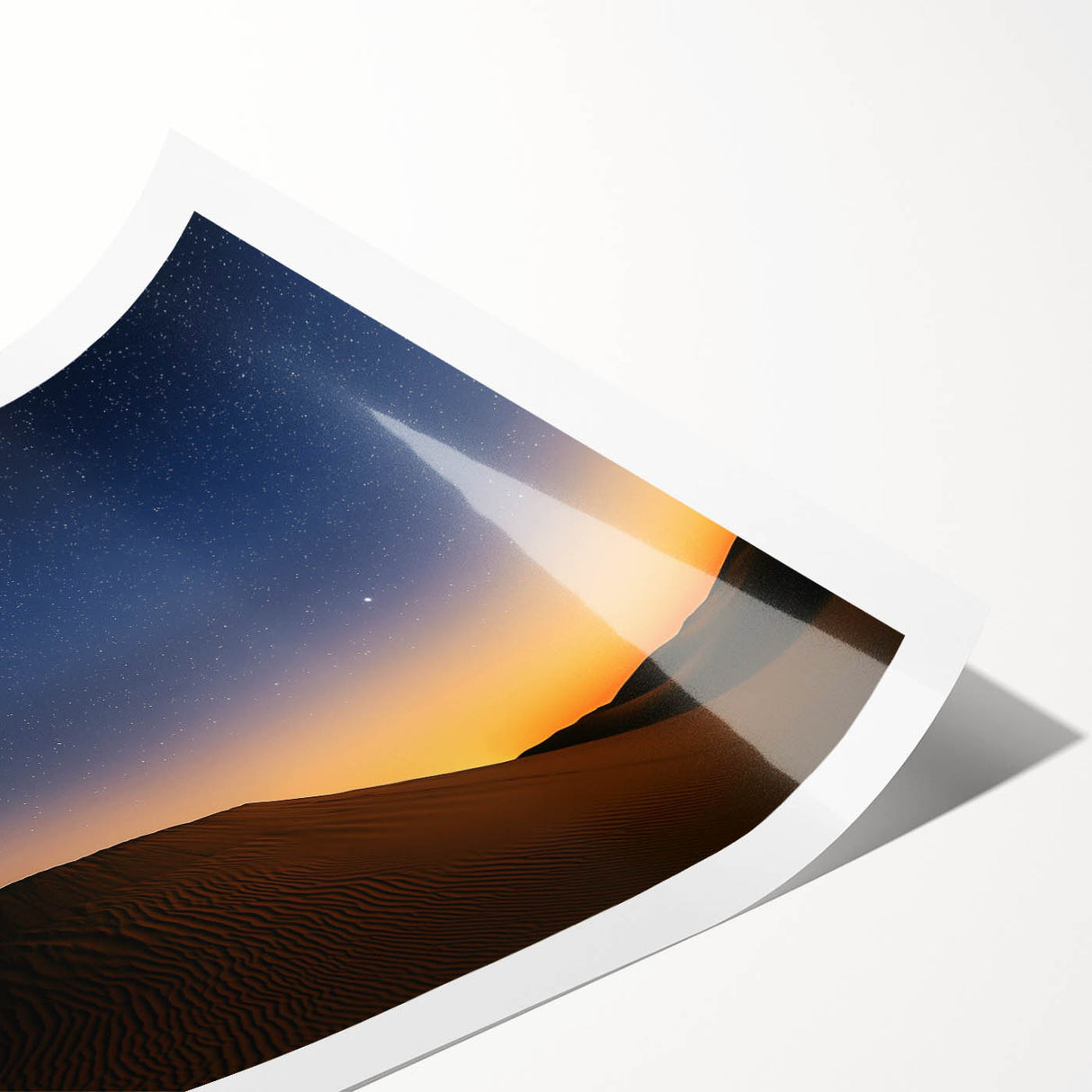 Desert landscape rolled canvas print showcasing vibrant sandy hues and dramatic rock formations, elegantly packaged in a protective cardboard tube for easy transport.