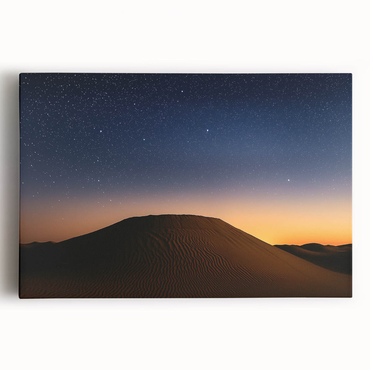 Vibrant stretched canvas artwork depicting a serene desert landscape with warm tones of orange and yellow, perfect for home or office decor, enhancing tranquility and nature themes.