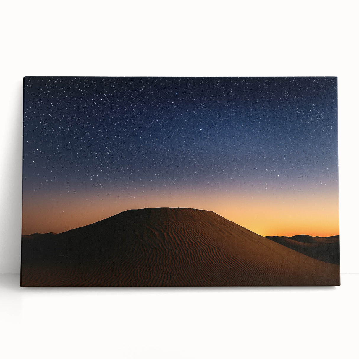 Vibrant desert landscape stretched canvas artwork showcasing warm hues of orange and yellow, creating a serene atmosphere, perfect for home decor or art enthusiasts.