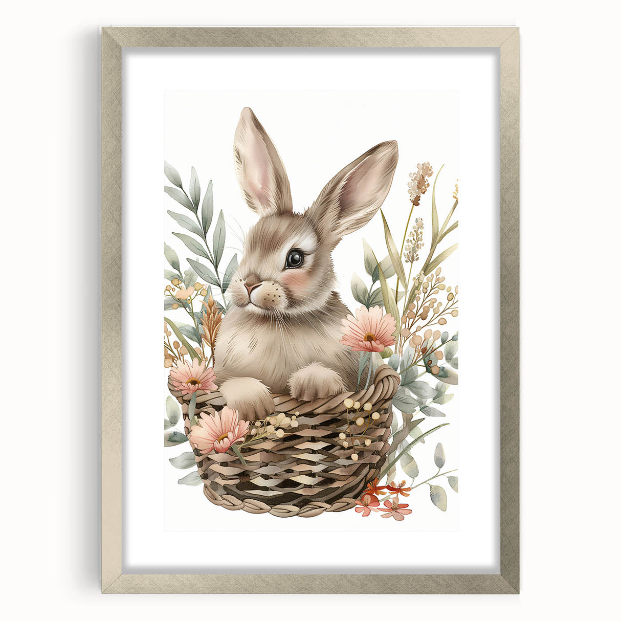 Bunny in Basket - Kids Room Wall Art Canvas and Framed Options