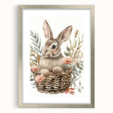 Bunny in Basket - Kids Room Wall Art Canvas and Framed Options