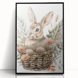 Bunny in Basket - Kids Room Wall Art Canvas and Framed Options