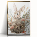 Bunny in Basket - Kids Room Wall Art Canvas and Framed Options