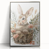 Bunny in Basket - Kids Room Wall Art Canvas and Framed Options