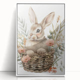 Bunny in Basket - Kids Room Wall Art Canvas and Framed Options
