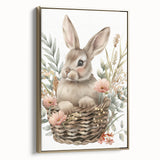 Bunny in Basket - Kids Room Wall Art Canvas and Framed Options