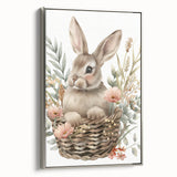 Bunny in Basket - Kids Room Wall Art Canvas and Framed Options