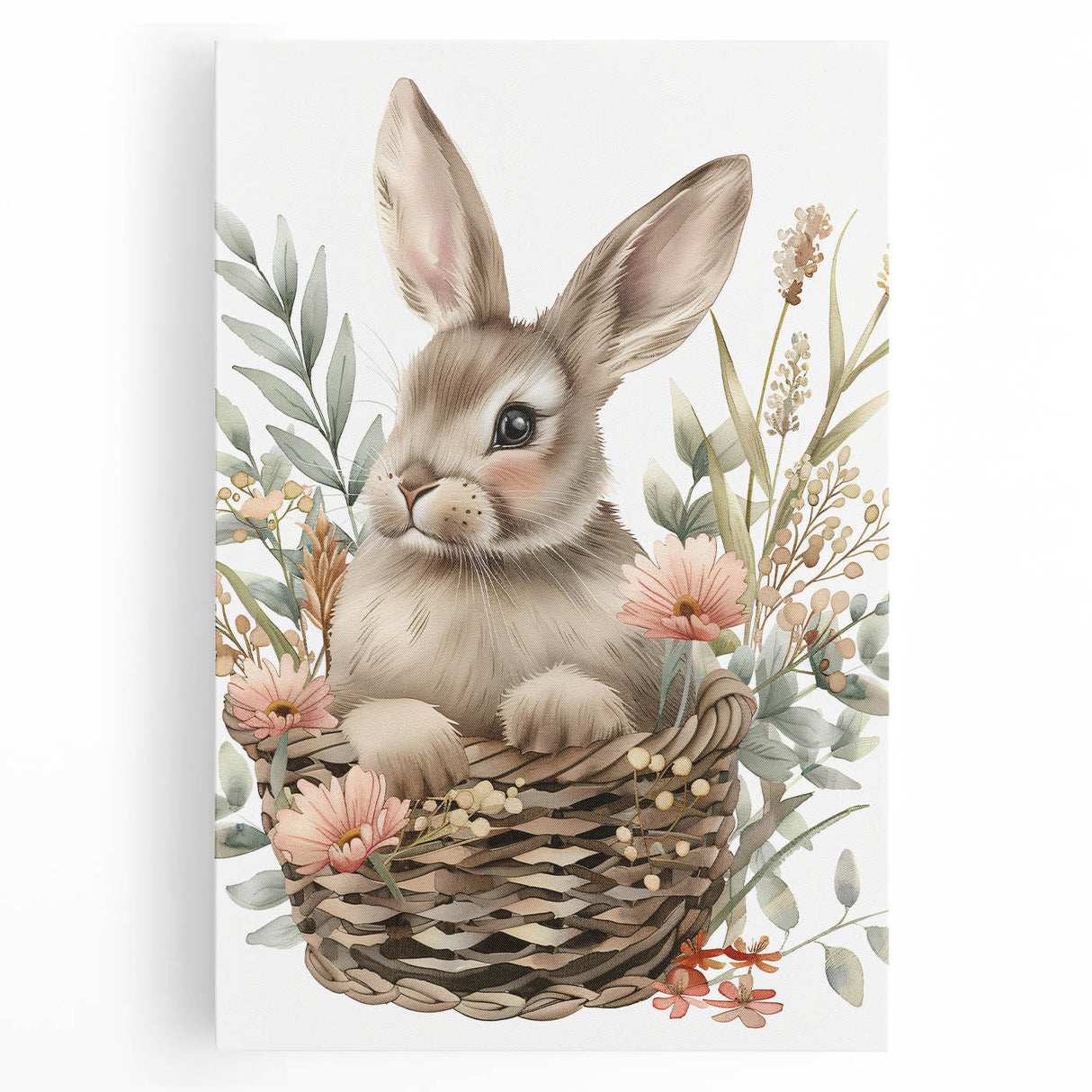 Bunny in Basket - Kids Room Wall Art Canvas and Framed Options