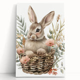 Bunny in Basket - Kids Room Wall Art Canvas and Framed Options