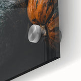 Large abstract wall art in warm autumn hues on acrylic glass, ideal for dining room art in a mid-century modernist style.