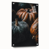 Large abstract wall art on acrylic glass featuring swirling autumnal hues, ideal for bedroom or dining room decor.