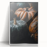 Art deco poster featuring a stylized autumn scene in orange and brown tones, framed in white acrylic.
