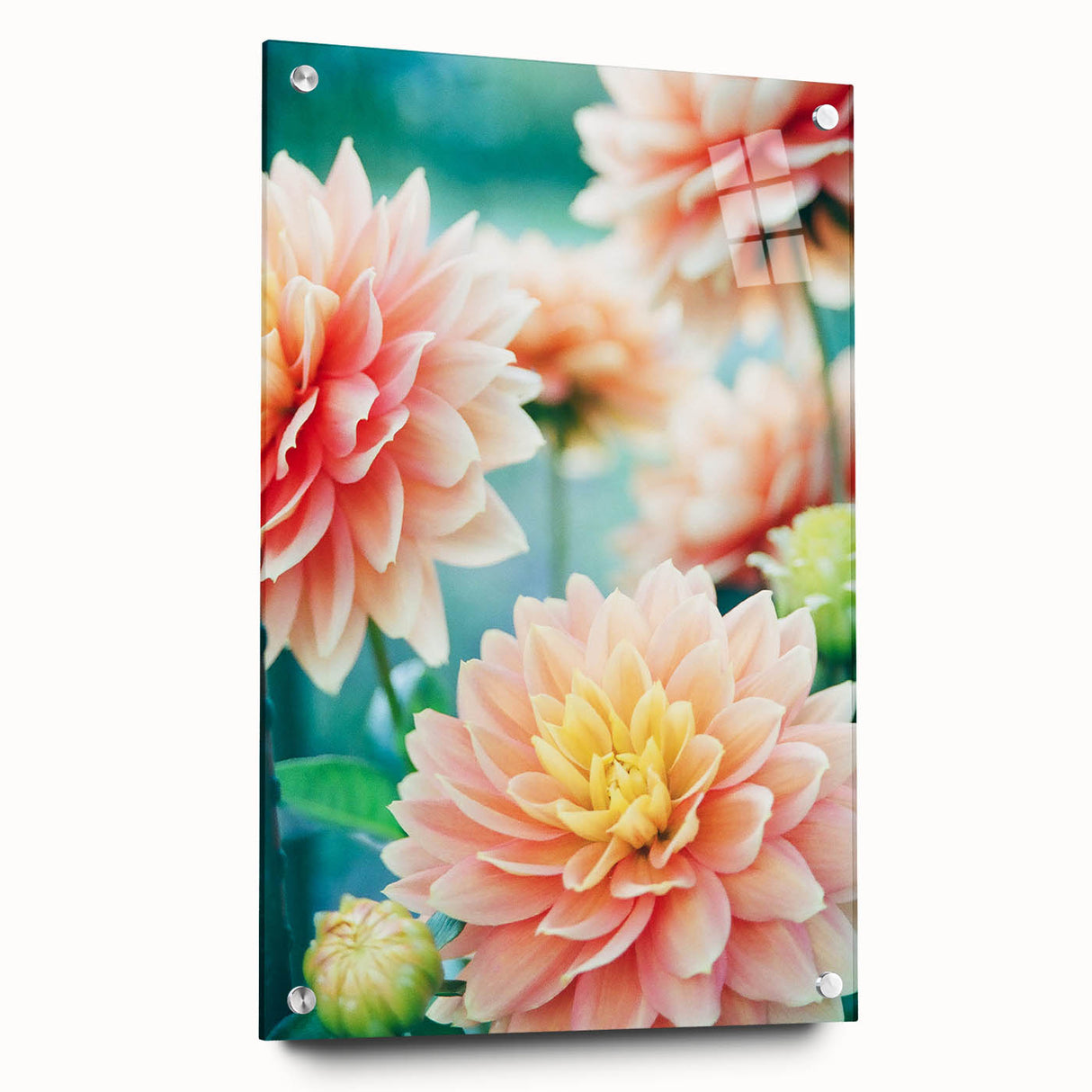 Large abstract wall art depicting spring season in pastel shades on acrylic glass, suitable for bedroom or dining room decor.