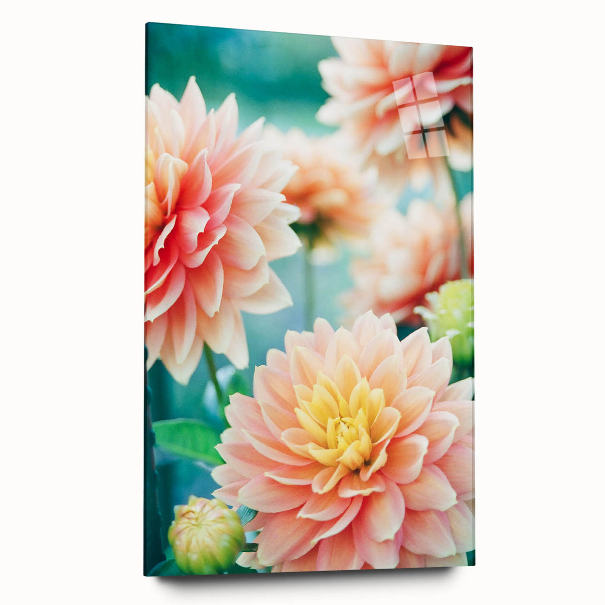 Large abstract wall art depicting spring themes in pastel shades on acrylic glass, ideal for bedroom or dining room decor.