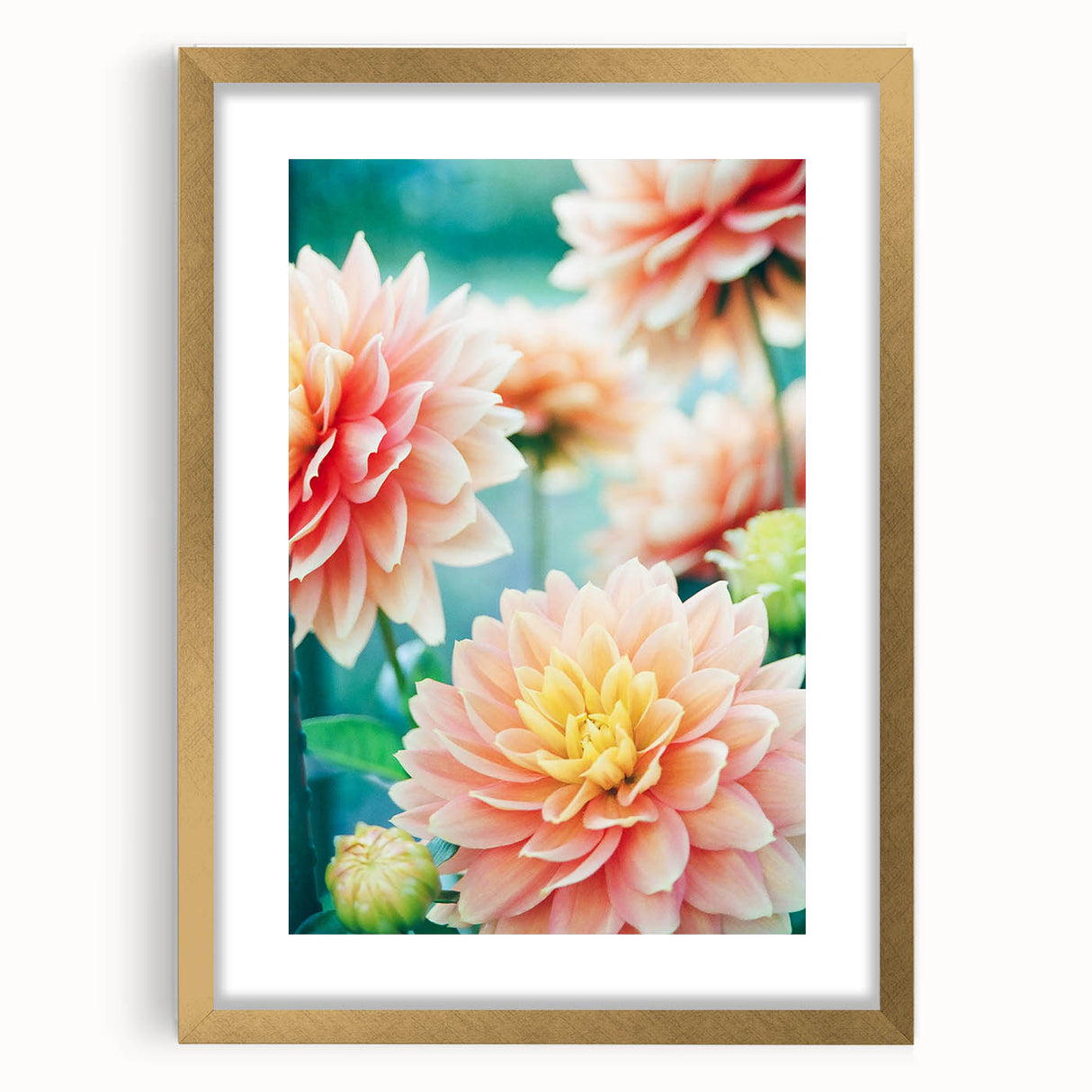 Extra large abstract art print featuring textured swirls in spring colors on a gold-framed canvas.