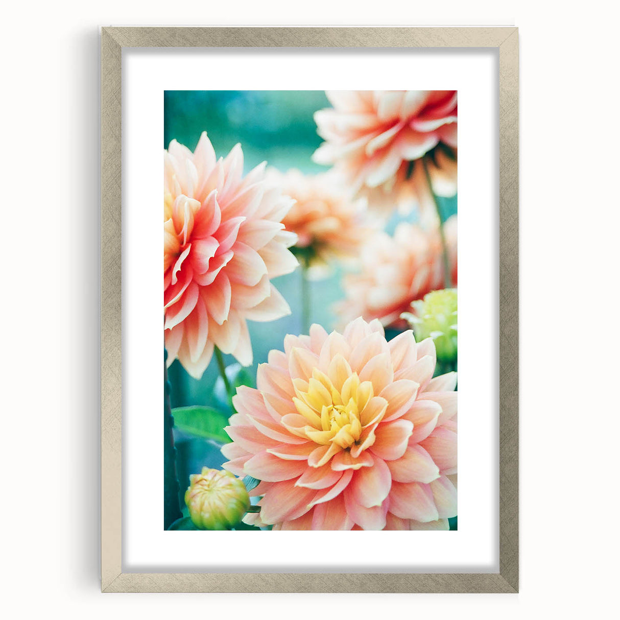 Textured art print featuring abstract swirls in soft green and white, framed in silver, suitable for bedroom decor.