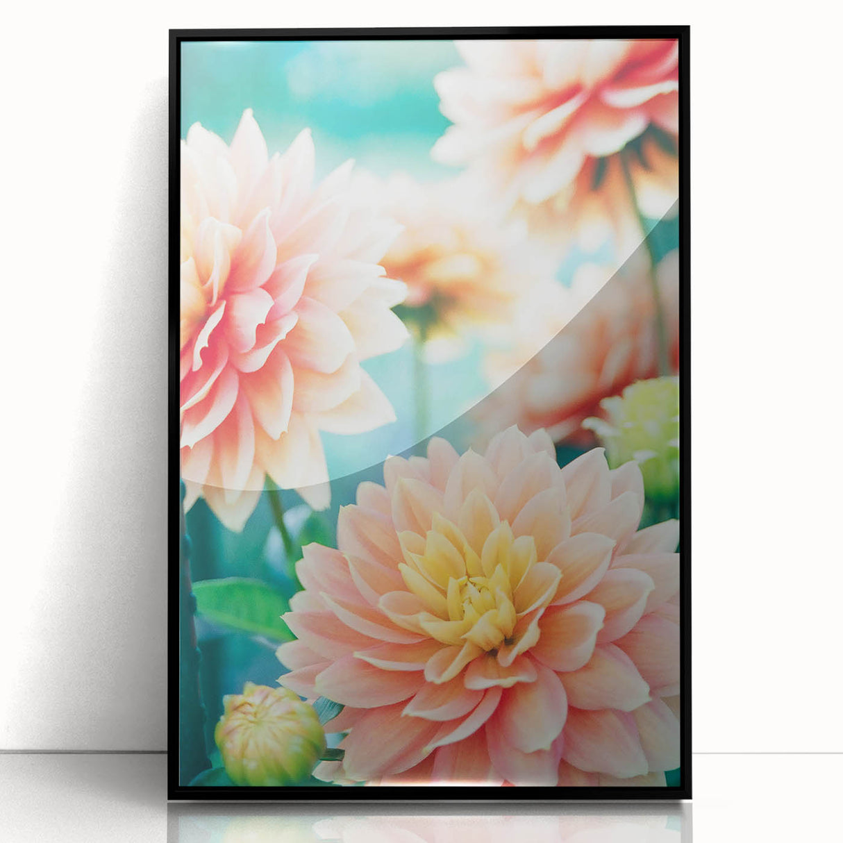 Large abstract wall art depicting spring season colors in mid-century modernist style on a black framed acrylic print.