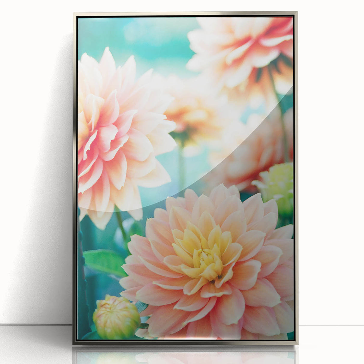 Mid-century modernist art depicting spring season in pastel shades, framed in silver acrylic, suitable for nursery wall art.